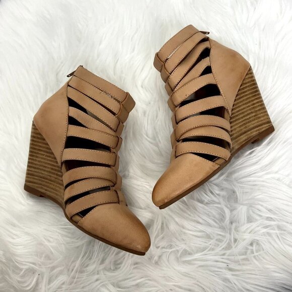 Jeffrey Campbell Womens 5 Vector Tan Camel Leather Wedge Gladiator Cage Booties - Picture 4 of 11